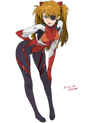 Rule 34 | 1girl, artist name, arumi, blue eyes, bodysuit, breasts, brown hair, dated, full body, hair between eyes, hand on own knee, highres, long hair, looking at viewer, medium breasts, neon genesis evangelion, open mouth, plugsuit, rebuild of evangelion, red bodysuit, shiny clothes, simple background, skin tight, small breasts, solo, souryuu asuka langley, standing, very long hair, white background