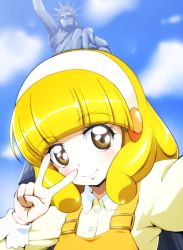 Rule 34 | 10s, 1girl, blonde hair, blush, casual, cloud, day, dress, hairband, kise yayoi, new york, precure, short hair, sky, smile, smile precure!, solo, statue, statue of liberty, tj-type1, v, v over eye, white hairband, yellow eyes