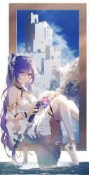 Rule 34 | 1girl, bare shoulders, bouquet, braid, building, cone hair bun, detached sleeves, double bun, dress, flower, genshin impact, hair bun, hair ornament, highres, keqing (genshin impact), long hair, looking at viewer, no shoes, purple eyes, purple hair, sitting, sitting in window, sky, smile, solo, swkl:d, thighhighs, twintails, water, white dress, white thighhighs