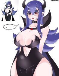 Rule 34 | black dress, blush, breasts, cleavage, collar, demon girl, demon horns, dress, eyeshadow, froofroofroosty, high collar, highres, horns, huge breasts, long hair, looking at viewer, makeup, messy hair, navel, original, purple hair, red eyes, satana (togetoge), side slit, spiked collar, spikes, thick thighs, thighs, wide hips