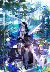 Rule 34 | 1girl, angel wings, arch, armchair, binoculars, black dress, black footwear, black veil, blue eyes, blue flower, blunt bangs, brooch, building, capelet, chair, chinese commentary, closed mouth, coif, collared capelet, commentary request, day, dress, earrings, eyelashes, feathered wings, fish skeleton, flower, full body, fuzichoco, globe, grass, grey hair, high collar, high heels, highres, jewelry, light blush, long dress, moon (ornament), nun, on chair, original, outdoors, plant, pool, potted plant, shoe loss, side slit, single bare leg, sitting, smile, solo, star (symbol), star brooch, star earrings, tree, veil, water, waterfall, white capelet, white wings, window, wings