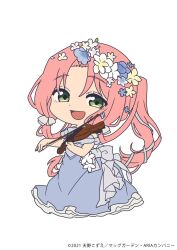 Rule 34 | 1girl, alternate hairstyle, aria (manga), blue dress, blue flower, chibi, copyright notice, dated, dress, eyelashes, flower, forehead, frilled dress, frills, green eyes, hair flower, hair ornament, hair ribbon, hair rings, highres, holding, holding instrument, holding violin, instrument, long dress, long hair, looking at viewer, mizunashi akari, music, official art, open mouth, parted bangs, pink hair, playing instrument, ribbon, sidelocks, simple background, solo, violin, white background, white flower, yellow flower