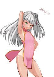 Rule 34 | 1girl, alternate costume, arm behind head, blunt bangs, china dress, chinese clothes, dress, flat chest, green eyes, grey hair, highres, kantai collection, long hair, maestrale (kancolle), one-hour drawing challenge, one-piece tan, one side up, pink dress, simple background, solo, standing, tan, tanline, tetsukuzu (yajirushi shita), twitter username, white background