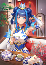 Rule 34 | 1girl, arm up, armpits, blue eyes, blurry, blurry foreground, blush, breasts, cake, chibi vanille, cup, detached sleeves, double bun, food, hair bun, hair ornament, hand up, highres, holding, holding cup, indoors, lamp, large breasts, league of legends, looking at viewer, lux (league of legends), medium hair, mug, open mouth, plate, porcelain, porcelain lux, rabbit, sitting, smile, solo, sparkle, tea