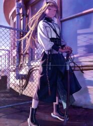 Rule 34 | 1girl, absurdres, black footwear, blonde hair, boots, building, chain-link fence, closed mouth, crease, fence, full body, hat, highres, jacket, long hair, long skirt, long sleeves, looking at viewer, murata range, non-web source, original, outdoors, scan, sheath, sheathed, skirt, solo, standing, sword, weapon, white jacket, yellow eyes