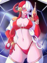 Rule 34 | 1girl, absurdres, alternate universe, bikini, breasts, breasts apart, gloves, gun, hand on own hip, highleg, highleg bikini, highres, holding, holding gun, holding weapon, large breasts, long hair, looking at viewer, multicolored hair, navel, one piece, opalis, red bikini, red gloves, red hair, smile, solo, spacesuit, standing, swimsuit, thong, two-tone hair, uta (one piece), very long hair, visor cap, weapon, white hair, wide hips