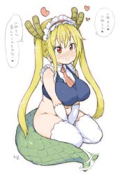 Rule 34 | 1girl, artist name, ascot, blonde hair, blush, bottomless, breasts, dragon girl, dragon horns, dragon tail, gloves, heart, horns, kobayashi-san chi no maidragon, large breasts, long hair, maid, maid headdress, navel, plump, randou, red eyes, simple background, sketch, slit pupils, smile, solo, tail, tail wagging, thighhighs, tohru (maidragon), translated, twintails, v arms, white background, white gloves, white thighhighs