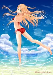 Rule 34 | 1girl, arched back, artist name, ass, barefoot, beach, bikini, blonde hair, blue sky, butt crack, cloud, day, dutch angle, green eyes, highres, kneepits, konami kirie, lens flare, long hair, ocean, outstretched arms, red bikini, ritte (sizer0031), sand, side-tie bikini bottom, sky, smile, solo, sparkle, standing, standing on one leg, string bikini, swimsuit, twitter username, wading, water, water drop, world trigger