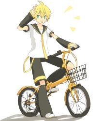 Rule 34 | 1boy, ^^^, aqua eyes, arm warmers, bicycle, bicycle basket, black collar, black shorts, black sleeves, blonde hair, collar, commentary, d futagosaikyou, full body, grin, hand up, headphones, highres, kagamine len, kagamine len (append), leg warmers, male focus, necktie, riding, riding bicycle, sailor collar, salute, school uniform, shadow, shirt, short sleeves, shorts, smile, vocaloid, vocaloid append, wheel, white background, white footwear, white shirt, yellow neckwear