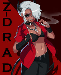 Rule 34 | 1girl, absurdres, bangs, bead necklace, beads, belt, black belt, black bra, black choker, black horns, black pants, bra, breasts, choker, cigarette, cleavage, collarbone, cowboy shot, cross, cross necklace, demon horns, demon tail, fingerless gloves, gloves, grey hair, groin, hair over one eye, helltaker, highres, holding, holding cigarette, horns, jewelry, navel, necklace, nose piercing, open clothes, open shirt, pants, piercing, red background, red eyes, red shirt, ronapan22 (baekillmong), sharp teeth, shiny, shiny hair, shirt, smoking, solo, tail, teeth, tongue, tongue out, underwear, zdrada (helltaker)