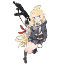 Rule 34 | 1girl, ankle socks, black skirt, black socks, blonde hair, blue eyes, blunt bangs, blush, book, breasts, colored shoe soles, full body, girls&#039; frontline, grey footwear, grey hoodie, gun, hair bobbles, hair ornament, hair ribbon, hairclip, holding, holding book, holding gun, holding weapon, hood, hoodie, large breasts, layered legwear, long hair, long sleeves, official art, open book, open mouth, pandegg, patch, pleated skirt, ponytail, pp-19-01 (girls&#039; frontline), pp-19-01 vityaz, red ribbon, red star, ribbon, shoes, shoulder patch, simple background, skirt, socks, solo, standing, standing on one leg, star (symbol), submachine gun, topknot, transparent background, v-shaped eyebrows, very long hair, weapon
