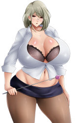 Rule 34 | 1girl, bra, breasts, brown eyes, cleavage, curvy, glasses, grey hair, huge breasts, jewelry, looking at viewer, microskirt, navel, necklace, original, pantyhose, parted lips, plump, saogokushi, short hair, skirt, solo, standing, thick thighs, thighs, underwear, wide hips