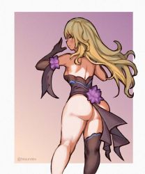 Rule 34 | 1girl, ass, back, black gloves, blonde hair, blush, breasts, commentary, elbow gloves, english commentary, fischl (genshin impact), floating hair, flower, from behind, genshin impact, gloves, hexunart, leotard, long hair, looking back, medium breasts, purple flower, single elbow glove, single glove, single thighhigh, solo, thighhighs, two side up, yellow eyes