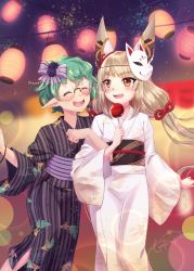 Rule 34 | 2girls, :d, animal ears, blurry, blurry background, bow, candy apple, closed eyes, food, fox mask, hair bow, holding, holding food, japanese clothes, kimono, lantern, long hair, long sleeves, mask, multiple girls, nia (blade) (xenoblade), nia (xenoblade), night, night sky, open mouth, pandoria (xenoblade), paper lantern, pointy ears, purple bow, purple kimono, runeko, short hair, signature, sky, smile, star (sky), starry sky, striped clothes, striped kimono, summer festival, twintails, vertical-striped clothes, vertical-striped kimono, wolf ears, wolf girl, xenoblade chronicles (series), xenoblade chronicles 2