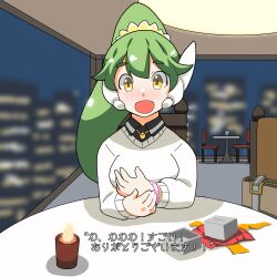 Rule 34 | 1girl, :d, absurdres, bag, black shirt, blurry, blurry background, blush, box, bracelet, breasts, candle, chair, collared shirt, depth of field, fire, fujishiro nekomata, gift, gift box, green hair, hair between eyes, handbag, high ponytail, highres, indoors, jewelry, long sleeves, looking at viewer, night, night sky, nose blush, on chair, open mouth, original, ponytail, robot ears, shirt, short eyebrows, sky, sleeves past wrists, small breasts, smile, solo, sweater, table, thick eyebrows, translation request, upper body, white sweater, window, yellow eyes