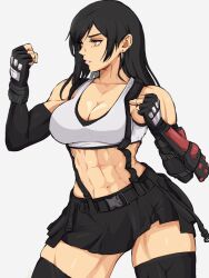 Rule 34 | 1girl, abs, bare shoulders, black hair, black skirt, black thighhighs, breasts, brown eyes, collarbone, crop top, fighting stance, final fantasy, final fantasy vii, gauntlets, highres, large breasts, long hair, looking at viewer, midriff, miniskirt, muscular, muscular female, navel, outside border, signature, simple background, skirt, solo, suspender skirt, suspenders, tank top, thighhighs, white background, white tank top, yoracrab