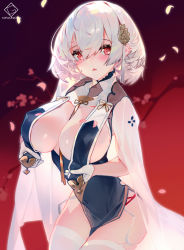 Rule 34 | 1girl, absurdres, artist name, azur lane, between breasts, black dress, blush, braid, breast curtains, breasts, cherry blossoms, cleavage, covered navel, cowboy shot, dress, flower, french braid, garter straps, gloves, gradient background, grandia lee, hair between eyes, hair flower, hair ornament, highres, large breasts, looking at viewer, pelvic curtain, petals, pink eyes, short hair, side braid, sirius (azur lane), sirius (azure horizons) (azur lane), solo, thighhighs, triangle mouth, white gloves, white hair, white thighhighs
