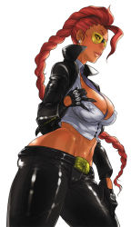 Rule 34 | 1girl, braid, breasts, capcom, cleavage, clothes pull, covered erect nipples, crimson viper, dark-skinned female, dark skin, gloves, hip focus, huge breasts, leather, long hair, midriff, nam (nam990902), nanboku, naughty face, pompadour, red hair, shirt pull, solo, street fighter, street fighter iv (series), sunglasses, wide hips