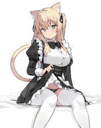 Rule 34 | 1girl, absurdres, animal ear fluff, animal ears, apron, black dress, black panties, black ribbon, blonde hair, breasts, cat ears, cat girl, cat tail, clothes lift, dress, dress lift, frilled apron, frilled dress, frills, green eyes, hair ribbon, highres, juliet sleeves, large breasts, lifted by self, long hair, long sleeves, original, panties, puffy sleeves, ribbon, ryou (ponpgo), sidelocks, sitting, solo, tail, thighhighs, two side up, underwear, waist apron, white apron, white thighhighs