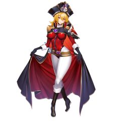 Rule 34 | absurdres, arrow (tamawo222), belt, black footwear, black gloves, blonde hair, boots, breasts, cape, covered navel, full body, gloves, hair between eyes, hat, highres, long sleeves, medium breasts, official art, pirate hat, sheath, sheathed, simple background, skirt hold, smile, solo, standing, sword, weapon, white background, yellow eyes
