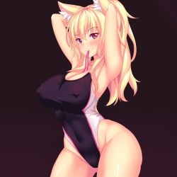 Rule 34 | 1girl, absurdres, adjusting hair, animal ear fluff, animal ears, armpits, black background, black one-piece swimsuit, blonde hair, blush, breasts, cat ears, cleavage, commentary, covered erect nipples, covered navel, cowboy shot, gluteal fold, highres, large breasts, long hair, looking at viewer, mouth hold, nottytiffy, one-piece swimsuit, original, pink ribbon, red eyes, ribbon, slit pupils, smile, solo, standing, swimsuit, thigh gap, thighs, tiffy (nottytiffy), tying hair, wavy hair