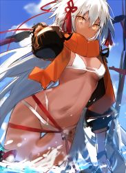Rule 34 | 1girl, bikini, black jacket, blue sky, breasts, closed mouth, cloud, commentary, cropped jacket, dark-skinned female, dark skin, day, fate/grand order, fate (series), fukuda935, hair between eyes, hair ornament, hair ribbon, in water, jacket, long hair, looking at viewer, navel, okita souji (fate), okita souji alter (swimsuit saber) (fate), okita souji alter (swimsuit saber) (first ascension) (fate), open clothes, open jacket, orange scarf, outdoors, red ribbon, ribbon, scarf, shrug (clothing), sky, small breasts, solo, swimsuit, tassel, very long hair, wading, water, white bikini, white hair, yellow eyes