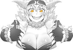 Rule 34 | absurdres, bead necklace, beads, breasts, cleavage, fangs, gloves, greyscale, grin, hair between eyes, hairband, hands up, highres, horns, jewelry, large breasts, looking at viewer, medium hair, monochrome, monster hunter (character), monster hunter (series), necklace, niwarhythm, orange eyes, rajang (armor), smile, spot color, teeth, thumbs up, upper body, vest