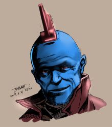 Rule 34 | 1boy, artist name, bald, blue skin, brown background, colored skin, commentary request, dated, facial hair, guardians of the galaxy, light smile, male focus, marvel, marvel cinematic universe, portrait, signature, simple background, solo, stubble, tachibana roku, yondu udonta