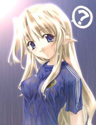Rule 34 | 1girl, ?, blonde hair, blue eyes, breasts, clueless, covered erect nipples, female focus, gradient background, jersey, long hair, non-web source, original, pointy ears, rain, see-through, shirt, solo, t-shirt, wet
