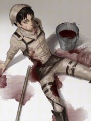 Rule 34 | 1boy, blood, blood on clothes, blood on face, blood splatter, brown hair, bucket, chest harness, eren yeager, feet out of frame, from above, green eyes, harness, head scarf, highres, leg belt, looking at viewer, male focus, mop, mrs.yega (nai0026er), paradis military uniform, shingeki no kyojin, short hair, sideburns, sitting, solo, unfinished