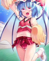 Rule 34 | 1girl, alternate costume, arm up, bare shoulders, bat wings, blue hair, cameltoe, cheerleader, eyebrows, fang, fangs, hair between eyes, hat, holding, light purple hair, looking up, miniskirt, mob cap, navel, open mouth, pom pom (cheerleading), red eyes, red skirt, remilia scarlet, shadow, shiny clothes, shoes, short hair, skirt, skirt set, sneakers, socks, solo, standing, standing on one leg, sweat, tank top, touhou, uniform, upya, vampire, wings