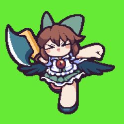 Rule 34 | &gt; &lt;, 1girl, :d, animated, animated gif, axe, bird wings, black wings, blush, bow, brown hair, cape, chibi, collared shirt, commentary request, cookie (touhou), frilled skirt, frills, full body, green background, green bow, green skirt, hair bow, highres, holding, holding axe, long hair, looping animation, nadeko (cookie), open mouth, pixel art, reiuji utsuho, running, shirt, simple background, skirt, smile, solo, third eye, tonchamon san, touhou, white cape, white shirt, wings, xd