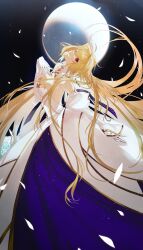 Rule 34 | 1girl, absurdres, archetype earth, arcueid brunestud, arm at side, backless dress, backless outfit, blonde hair, blue ribbon, blue skirt, breasts, cleavage, collar, detached collar, detached sleeves, dress, falling petals, fate/grand order, fate (series), full moon, gloves, gold trim, grin, hand on own chest, hand up, head tilt, highres, juliet sleeves, kaifei (kaifei 29), long dress, long sleeves, looking at viewer, medium breasts, moon, night, night sky, petals, puffy sleeves, red eyes, ribbon, skirt, sky, sleeves past wrists, smile, solo, standing, striped ribbon, tsukihime, white collar, white dress, white gloves, white petals