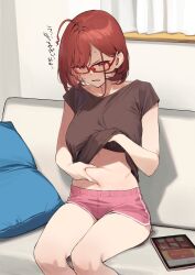Rule 34 | 1girl, 92m, belly grab, breasts, brown shirt, clothes lift, commentary request, glasses, highres, indoors, kinshi no ane (92m), legs together, lifting own clothes, medium breasts, navel, original, pink shorts, plump, red-framed eyewear, red eyes, red hair, shirt, shirt lift, short hair, short sleeves, shorts, sitting, solo, thighs, translated, weight conscious