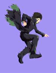 Rule 34 | 1boy, action, bad id, bad pixiv id, black eyes, black footwear, black hair, black pants, brown eyes, brown hair, clenched hand, coat, collar, darker than black, full body, head dog, hei (darker than black), high collar, highres, jumping, long coat, long sleeves, looking at viewer, looking to the side, male focus, motion blur, original, outstretched arm, pants, purple background, shoes, short hair, simple background, solo, speed lines, standing, standing on one leg, torn clothes, trench coat