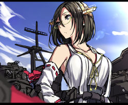Rule 34 | 1girl, bare shoulders, black hair, blue sky, breasts, cleavage, collarbone, day, green-framed eyewear, headgear, kantai collection, kirishima (kancolle), large breasts, looking to the side, machinery, nagioka, nontraditional miko, short hair, sky, solo, upper body