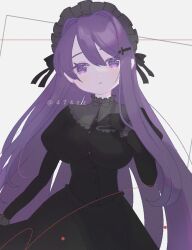 Rule 34 | 1girl, :o, anzen robo (474zz), black dress, black gloves, breasts, cowboy shot, doki doki literature club, dress, frilled bonnet, frills, gloves, grey background, hair ornament, hairclip, hand on own chest, large breasts, long hair, long sleeves, looking at viewer, purple eyes, purple hair, twitter username, yuri (doki doki literature club)