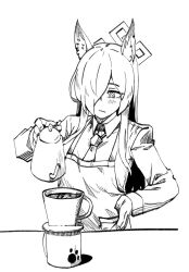 1girl alternate_costume animal_ears apron blue_archive blush coffee hair_over_one_eye halo kanna_(blue_archive) long_hair monochrome shirt simple_background solo twoj upper_body white_background white_shirt