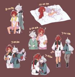 Rule 34 | 2girls, ?, absurdres, adjusting clothes, adjusting necktie, ahoge, asticassia school uniform, black hairband, brown background, brushing teeth, closed eyes, closed mouth, commentary, cropped legs, cup, drying, drying hair, eye contact, green eyes, green jacket, green shirt, green shorts, grey eyes, gundam, gundam suisei no majo, hair dryer, hairband, hand on another&#039;s back, highres, holding, holding cup, holding hair dryer, holding hands, holding toothbrush, jacket, joker (jjjokerrr233), long hair, long sleeves, looking at another, miorine rembran, morning, multiple girls, necktie, pajamas, parted lips, pillow, pink shorts, ponytail, red hair, red necktie, school uniform, shirt, shorts, simple background, sitting, sleeping, sleepy, smile, spilling, suletta mercury, thick eyebrows, toothbrush, toothpaste, towel, towel around neck, under covers, waking up, white hair, white jacket, white shirt, white shorts, yellow necktie, yellow towel, yuri