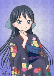 Rule 34 | 1girl, black hair, blue background, blue sash, commentary, eighth clouds, floral print, floral print kimono, gradient background, grey eyes, hands on own chin, highres, japanese clothes, kimono, long hair, looking at viewer, obi, original, purple kimono, sash, signature, smile, solo, teeth, twitter username, upper teeth only, white background