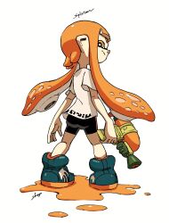 Rule 34 | 1girl, aqua footwear, arms at sides, artist name, bike shorts, black shorts, closed mouth, copyright name, from behind, full body, highres, holding, holding weapon, inkling, inkling girl, inkling player character, long hair, looking at viewer, looking back, nintendo, orange eyes, orange hair, pointy ears, print shirt, puddle, shirt, shogo (shogo70449442), short sleeves, shorts, simple background, smile, solo, splatoon (series), splatoon 1, splattershot (splatoon), standing, suction cups, tentacle hair, twintails, weapon, white background, white shirt