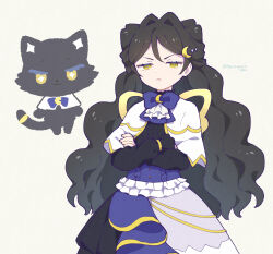 Rule 34 | + +, 1girl, black cat, black hair, black shirt, capelet, cat, center frills, closed mouth, commentary request, cowboy shot, crescent, crescent hair ornament, crossed arms, frills, glaring, grey background, hair intakes, hair ornament, half-closed eyes, kiratto pri chan, long hair, long sleeves, looking at viewer, luluna (pri chan), pretty series, shirt, simple background, skirt, standing, terayamaden, very long hair, wavy hair, white capelet, yellow eyes