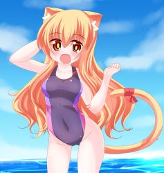Rule 34 | 1girl, :d, animal ears, arm behind head, arm up, bare arms, bare shoulders, blonde hair, blue sky, blush, breasts, cat ears, cat girl, cat tail, cloud, competition swimsuit, covered navel, day, fang, groin, hair between eyes, hand up, highres, horizon, kanijiru, long hair, medium breasts, ocean, one-piece swimsuit, open mouth, original, outdoors, purple one-piece swimsuit, red eyes, red ribbon, ribbon, sky, smile, solo, standing, swimsuit, tail, tail ornament, tail raised, tail ribbon, very long hair, wading, water, wavy hair