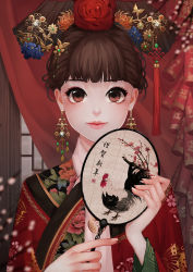 Rule 34 | 1girl, antweiyi, bad id, bad pixiv id, blunt bangs, blurry, brown eyes, brown hair, chinese clothes, chinese zodiac, curtains, depth of field, earrings, eyelashes, floral print, flower, folding fan, gem, hair flower, hair ornament, hand fan, indoors, jewelry, looking at viewer, original, tassel, upper body, wide sleeves, window, year of the rooster
