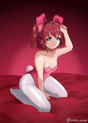 Rule 34 | 1girl, ;), absurdres, animal ears, aqua eyes, artist name, artist request, azure monarch, bare shoulders, bed, blush, breasts, cleavage, collarbone, fake animal ears, female focus, full body, green eyes, hair between eyes, highres, indoors, kurosawa ruby, leotard, looking at viewer, love live!, love live! sunshine!!, on bed, one eye closed, pantyhose, parted lips, pink leotard, playboy bunny, rabbit ears, rabbit tail, red hair, short hair, small breasts, smile, solo, twintails, two side up, upper body, white pantyhose, wink