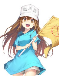 Rule 34 | 10s, 1girl, :d, bad id, bad pixiv id, baseball cap, blue shirt, brown eyes, brown hair, clothes writing, commentary request, cowboy shot, flag, grey shorts, hat, hataraku saibou, holding, looking at viewer, open mouth, oversized clothes, platelet (hataraku saibou), round teeth, shirt, short sleeves, shorts, simple background, smile, solo, soya (torga), standing, teeth, white background, white hat