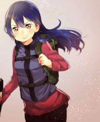 Rule 34 | 1girl, backpack, bag, blue hair, blush, closed mouth, commentary request, cowboy shot, hair between eyes, holding, long hair, long sleeves, love live!, love live! school idol festival, love live! school idol project, mofun, simple background, smile, solo, sonoda umi, standing, sweat