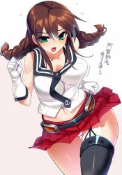 Rule 34 | 10s, 1girl, braid, breasts, brown hair, dragonmaterial, flying sweatdrops, gloves, green eyes, kantai collection, large breasts, long hair, navel, noshiro (kancolle), open mouth, panties, panty peek, sailor collar, single thighhigh, skirt, sleeveless, solo, thigh gap, thighhighs, twin braids, underwear, wavy mouth, white gloves