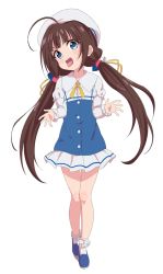 Rule 34 | 1girl, ahoge, beret, blue dress, blue eyes, blue footwear, brown hair, dress, full body, hat, highres, hinatsuru ai, layered sleeves, long hair, long sleeves, looking at viewer, low twintails, open mouth, ryuuou no oshigoto!, short over long sleeves, short sleeves, simple background, sincos, socks, solo, tongue, tongue out, twintails, very long hair, white background, white hat