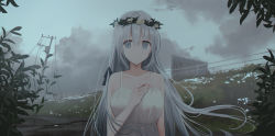 Rule 34 | 1girl, bare arms, bare shoulders, black ribbon, blue sky, braid, breasts, building, chihuri, closed mouth, cloud, cloudy sky, commentary request, day, dress, fingernails, flower, flower wreath, grey eyes, hair between eyes, hair ribbon, hand up, head wreath, highres, long hair, looking at viewer, original, outdoors, railing, ribbon, rose, silver hair, sky, sleeveless, sleeveless dress, small breasts, solo, upper body, utility pole, very long hair, white dress, white flower, white rose